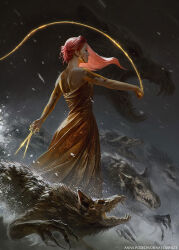 1girl akreon bare_shoulders claws dress gold_dress long_hair magic monster open_mouth original red_hair scissors skull snow tagme teeth