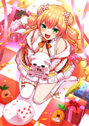1girl absurdres asymmetrical_legwear blonde_hair bow bowtie breasts cake carrot checkered_floor cleavage cleavage_cutout clothing_cutout confetti double_bun fang food fork from_above gift green_eyes hair_bun highres hololive medium_breasts momosuzu_nene multicolored_bow multicolored_bowtie no_shoes off_shoulder open_mouth plate sitting smile solo strawberry_shortcake stuffed_animal stuffed_toy teddy_bear turnip two_side_up uneven_legwear virtual_youtuber wariza yuu201023