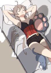 1girl ahoge armpits arms_behind_head arms_up azur_lane belt black_shorts breasts brown_corset brown_hair bustier cat closed_eyes closed_mouth collarbone corset couch hatski.sin highres jean_bart_(azur_lane) long_hair lying medium_breasts midriff official_alternate_costume on_back on_couch pillow shadow short_shorts shorts sleeping small_breasts solo very_long_hair