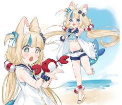 1girl :d :o absurdres ahoge animal animal_ear_fluff animal_ears bare_arms beach bikini blonde_hair blue_eyes blue_hair blue_nails blue_neckerchief blue_sky bow buttons cat_ears clenched_hand commentary crab dress fang fins fish_girl fish_tail flat_chest floating_hair frilled_dress frills full_body hair_bow hand_up hands_up highleg highleg_bikini highres holding holding_animal indie_virtual_youtuber jadelin jumping leg_up lifebuoy_hair_ornament long_hair looking_at_animal looking_at_viewer low_twintails multicolored_hair multiple_views nail_polish navel neckerchief one_side_up open_mouth outstretched_arm paper_boat sailor_collar sameko_saba sand sandals short_shorts shorts skin_fang sky sleeveless sleeveless_dress smile solo sparkling_eyes streaked_hair surprised swimsuit tail toenail_polish toenails tongue twintails unbuttoned upper_body v very_long_hair virtual_youtuber water white_dress white_shorts