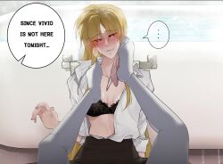 Rule 34 | 2girls, bathroom, bathtub, black bra, black skirt, blonde hair, blush, bra, commentary, eyebrows hidden by hair, fate testarossa, female pov, heart, heart-shaped pupils, highres, kaichan2536, long hair, lyrical nanoha, mahou shoujo lyrical nanoha strikers, mahou shoujo lyrical nanoha vivid, multiple girls, naughty face, panties, pantyhose, pink panties, pov, red eyes, shirt, skirt, speech bubble, symbol-shaped pupils, takamachi nanoha, thighhighs, tsab executive military uniform, underwear, white shirt, white thighhighs, yuri