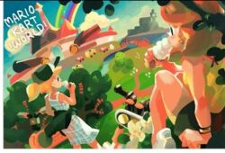 2girls blue_eyes day food hat ice_cream looking_at_another mario_kart mario_kart_world motorbike multiple_girls nintendo official_art ponytail princess_daisy princess_peach rainbow shorts sitting skirt tomboy twintails