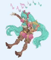 1girl alternate_costume aqua_eyes aqua_hair bard blue_background boots breasts brown_boots commentary english_commentary final_fantasy final_fantasy_tactics full_body harp hatsune_miku highres instrument long_hair medium_breasts musical_note nrcgray open_mouth simple_background smile solo twintails very_long_hair vocaloid