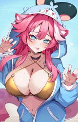 1girl absurdres animal_ears bikini black_choker blue_background blue_eyes blue_hoodie blush breasts character_hood chattino_(raora_panthera) chattino_(raora_panthera)_(cosplay) choker claw_pose cleavage closed_mouth collarbone commentary cosplay english_commentary fang fingernails gold_bikini golden_week h4kuuua_0 hair_between_eyes highres hololive hololive_english hood hoodie huge_breasts long_hair long_sleeves looking_at_viewer multicolored_hair nail_polish navel o-ring o-ring_bikini o-ring_top panther_ears panther_girl panther_tail pink_hair pink_nails raora_panthera skin_fang solo stomach streaked_hair sweat swimsuit tail tongue tongue_out virtual_youtuber