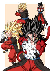 1boy absurdres bare_pectorals biceps black_hair body_fur dbkenkyuusei dragon_ball dragon_ball_heroes earrings fusion fusion_dance highres jewelry male_focus monkey_boy monkey_tail multiple_views no_nipples pants pectorals potara_earrings red_fur red_pants spiked_hair super_saiyan super_saiyan_1 super_saiyan_3 super_saiyan_4 tail vegetto vegetto_(xeno)