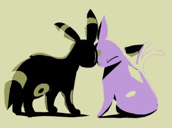 Rule 34 | animal focus, black fur, closed eyes, closed mouth, espeon, forehead jewel, forked tail, full body, gen 2 pokemon, lukasandatta, nintendo, no humans, pokemon, pokemon (creature), pokemon focus, simple background, smile, tail, umbreon