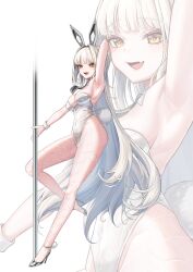 1girl absurdres animal_ears armpits ascot black_ascot black_shoes blanc_(nikke) blush breasts detached_collar fake_animal_ears fake_tail fang fishnet_pantyhose fishnets floating_hair goddess_of_victory:_nikke hair_intakes hashtag-only_commentary high_heels highleg highleg_leotard highres holding holding_pole large_breasts leegh19769 leotard long_hair looking_at_viewer medium_breasts open_mouth pantyhose playboy_bunny pole rabbit_ears rabbit_tail shoes skin_fang smile standing standing_on_one_leg strapless strapless_leotard strappy_heels stripper_pole tail very_long_hair white_hair white_leotard white_wrist_cuffs wrist_cuffs yellow_eyes zoom_layer