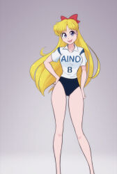 1girl aino_minako bishoujo_senshi_sailor_moon blonde_hair blue_eyes bow breasts buruma highres large_breasts long_hair red_bow scorpdk shirt short_sleeves teeth upper_teeth_only very_long_hair