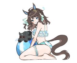 1girl ahoge alternate_costume animal_ears ass babie ball beachball blue_eyes blush collarbone commentary_request contrail_(racehorse) daring_tact_(umamusume) full_body grin hair_ornament highres horse_ears horse_tail long_hair looking_at_viewer simple_background smile star_(symbol) star_hair_ornament swimsuit tail umamusume white_background
