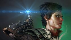1girl armor black_hair brown_eyes cassandra_pentaghast dragon_age eyeshadow female_focus glowing gradient_background makeup scar short_hair solo sword weapon