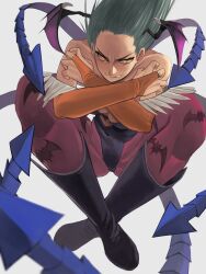 1girl absurdres animal_print bare_shoulders bat_print black_boots black_leotard boots breasts cleavage clenched_teeth darkstalkers demon_girl demon_wings floating_hair full_body green_hair grey_background head_wings highres leotard michibata_anko morrigan_aensland panties pantyhose print_panties purple_pantyhose serious simple_background solo teeth underwear wings yellow_eyes
