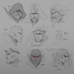6+boys bald beard blonde_hair blood_angels blue_eyes braid braided_beard character_name closed_mouth commentary corvus_corax_(warhammer) dark-skinned_male dark_skin english_commentary multiple_expressions eye_trail facepaint facial_hair feathered_wings ferrus_manus from_side frown ghost glowing glowing_eyes green_eyes grey_background halo imperial_fists iron_hands_(warhammer) jaghatai_khan laurel_crown leman_russ lhgart light_smile light_trail lightning_bolt_symbol lion_el&#039;jonson long_hair long_mustache looking_at_viewer male_focus multiple_boys multiple_views mustache portrait primarch raven_guard roboute_guilliman rogal_dorn salamanders_(warhammer) sanguinius short_hair simple_background sketch space_wolves spot_color straight-on teeth topknot traditional_halo ultramarines vulkan warhammer_40k watermark white_eyes white_scars white_wings wings