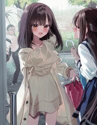 Rule 34 | 1boy, 2girls, :d, bag, black hair, black pants, blue sailor collar, blue skirt, blush, breasts, brown dress, brown eyes, brown jacket, buzz cut, closed eyes, commentary request, crying, day, dress, highres, jacket, large breasts, long hair, long sleeves, multiple girls, off shoulder, open clothes, open jacket, open mouth, original, osana manaka, osana naruka, outdoors, pants, pentagon (railgun ky1206), pleated skirt, profile, puffy long sleeves, puffy sleeves, rain, sailor collar, school uniform, serafuku, shirt, short hair, skirt, smile, sparkle, standing, streaming tears, tears, transparent, transparent umbrella, umbrella, very long hair, very short hair, white shirt