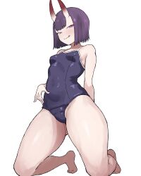 1girl :q absurdres alternate_costume arm_behind_back bare_arms bare_legs bare_shoulders barefoot blue_one-piece_swimsuit bob_cut breasts closed_mouth commentary_request covered_navel fate/grand_order fate_(series) from_below gluteal_fold groin hand_up highres horns kneeling knees_out_of_frame looking_at_viewer looking_down no_pupils one-piece_swimsuit oni peace_peace009 purple_eyes purple_hair school_swimsuit short_hair shuten_douji_(fate) sideboob simple_background skin-covered_horns small_breasts smile solo swimsuit tongue tongue_out white_background