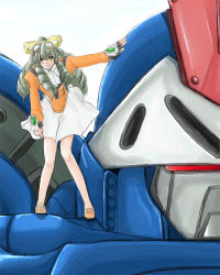 1girl aged_up blush bow dress drill_hair female_focus fingerless_gloves gloves goggles green_eyes grey_hair hair_ribbon houri_shinji leaning_forward legs long_hair maria_balthasar mecha no_legwear ribbon robot seibzehn shoes siebzehn smile solo xenogears yellow_bow
