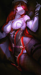 1girl armpits bare_shoulders between_breasts black_pantyhose breasts fishnet_pantyhose fishnets genshin_impact groin habit hair_over_one_eye half-closed_eyes hand_up heart heart-shaped_pupils highres l_ract large_breasts looking_at_viewer lying on_back pantyhose parted_lips pelvic_curtain raised_eyebrow red_hair rosaria_(genshin_impact) solo symbol-shaped_pupils thigh_strap thighs