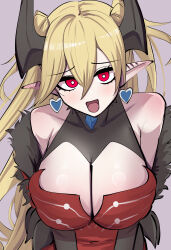 Rule 34 | 1girl, absurdres, bare shoulders, blonde hair, blush, breasts, cleavage, cotan (actancyaga), demon girl, demon horns, dress, duel monster, earrings, heart, heart earrings, highres, horns, jewelry, lacrima the crimson tears, large breasts, looking at viewer, open mouth, pointy ears, red dress, red eyes, simple background, solo, two side up, upper body, yu-gi-oh!