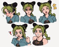 1girl aqua_jacket birthmark black_hair black_tank_top blush braid breasts bun_with_braided_base closed_eyes cone_hair_bun double_bun flying_sweatdrops fu_r_y green_eyes green_hair hair_bun jacket joestar_birthmark jojo_no_kimyou_na_bouken kuujou_jolyne multicolored_hair multiple_views partially_shaded_face small_breasts spider_web_print stone_ocean sweatdrop tank_top two-tone_hair