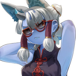 1girl alternate_eyewear animal_ears arms_behind_head arms_up bare_shoulders black_shirt blush chinese_clothes extra_ears fox_ears fox_girl frown ginkaku_(kemono_friends) hair_between_eyes hair_tubes highres horns kemono_friends kemono_friends_3 mandarin_collar mcgunngu official_alternate_costume quad_tails red-framed_eyewear red_trim shirt short_hair short_twintails sidelocks single_horn sleeveless solo sunglasses twintails upper_body white_hair yellow_eyes