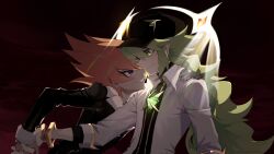 2boys black_hat black_jacket black_shirt bracelet crossover dappled_sunlight dress_shirt evil_grin evil_smile facing_another facing_to_the_side fur-trimmed_jacket fur-trimmed_sleeves fur_trim gem gold_bracelet gold_trim green_eyes green_gemstone green_hair grin hair_slicked_back hand_on_another&#039;s_shoulder hat highres holding_hands interlocked_fingers jacket jewelry leaning_forward light_particles long_bangs long_hair looking_at_another male_focus multiple_boys n_(arc_suit)_(pokemon) n_(pokemon) night night_sky nintendo nuumigranate official_alternate_costume on_chair open_clothes open_shirt outdoors outstretched_arm pokemon pokemon_masters_ex ponytail purple_eyes red_sky shirt shirt_under_shirt sitting_on_throne sky sleeves_rolled_up smile spiked_hair sunlight throne unbuttoned unbuttoned_shirt underworld upper_body vector_(yu-gi-oh!) white_shirt yu-gi-oh! yu-gi-oh!_zexal