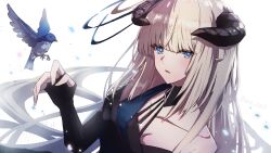 Rule 34 | 1girl, alternate costume, arknights, bird, black dress, blonde hair, blue dress, blue eyes, demon horns, dress, elbow gloves, fingerless gloves, gloves, highres, horns, long hair, looking at viewer, nightingale (arknights), single bare shoulder, two-tone dress, wn (wani-noko)