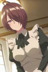 ahoge breasts brown_hair hair_over_one_eye highres kaifuku_jutsushi_no_yarinaoshi_~sokushi_mahou_to_skill_copy_no_chouetsu_heal~ large_breasts maid maid_(kaiyari) non_porn smile tagme