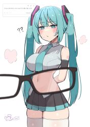1girl ? ?? bare_shoulders blush breasts eyewear_view green_eyes green_hair green_necktie green_skirt hatsune_miku highres kooei large_breasts long_hair miniskirt necktie pleated_skirt pov request_inset skindentation skirt stomach thighhighs translation_request twintails vocaloid x-ray_glasses x-ray_vision zettai_ryouiki