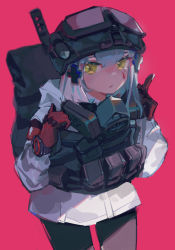 1girl absurdres backpack bag black_pantyhose blue_hair camouflage chinese_commentary commentary_request cowboy_shot cross_hair_ornament girls&#039;_frontline gloves goggles goggles_on_headwear hair_ornament helmet highres hk416_(fang)_(girls&#039;_frontline) hk416_(girls&#039;_frontline) jacket light_blush load_bearing_vest long_hair looking_at_viewer mask mask_around_neck pantyhose parted_lips pink_background red_gloves respirator simple_background snow_camouflage solo tactical_clothes teardrop_facial_mark tom_clancy&#039;s_the_division watch white_jacket wristwatch yellow_eyes zygocactus