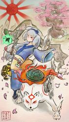 Rule 34 | 1girl, alternate costume, amaterasu (ookami), blue hairband, blue kimono, blue socks, blush, bone, bone ornament, breasts, character request, cherry blossoms, falling petals, fire, grey hair, hairband, highres, holding, issun, japanese clothes, kimono, kiryuu (kiriu 2434ouen), lantern, long hair, long sleeves, nijisanji, no mouth, obi, obijime, official style, okobo, ookami (game), ookami (game) (style), outstretched arm, paper lantern, paper texture, petals, pink petals, platform sandals, rabbit, red sun, reflector (ookami), sandals, sash, scroll, shioriha ruri, short eyebrows, small breasts, socks, sun, sunburst, translation request, tree, very long hair, virtual youtuber, white rabbit (animal), white wolf, wolf