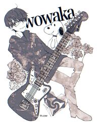 1boy ahoge carnation character_name closed_mouth commentary_request dog electric_guitar fender_jaguar floppy_ears flower full_body glasses grey_flower grey_rose greyscale guitar hair_over_one_eye hand_in_pocket hitorie hood hood_down hoodie instrument light_smile looking_to_the_side male_focus monochrome norwsb pants peanuts_(comic) real_life rectangular_eyewear rose shoes short_hair simple_background snoopy solo text_background trumpet_creeper unknown_mother_goose_(vocaloid) very_short_hair white_background wowaka
