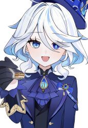 Rule 34 | 1girl, ascot, blue ascot, blue brooch, blue gemstone, blue hat, blue jacket, drop-shaped pupils, eyelash ornament, furina (genshin impact), gem, genshin impact, hat, heterochromia, highres, hydro symbol (genshin impact), irodo 1024, jacket, mismatched pupils, multicolored hair, solo, streaked hair, symbol-shaped pupils, top hat