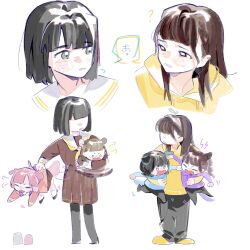 Rule 34 | 6+girls, ?, animal ears, animification, anyoji hime, black bow, black hair, black pants, black pantyhose, blue hoodie, blunt bangs, blunt ends, bob cut, bow, braid, brown dress, brown hair, carrying, carrying under arm, cat ears, cat girl, cat tail, child carry, colored speech bubble, commentary, dog ears, dog girl, dog tail, dress, flipped hair, green eyes, hair bow, hamster ears, hayama fuka, highres, hood, hoodie, kachimachi kosuzu, kurusu rin, link! like! love live!, long hair, long sleeves, love live!, momose ginko, motion lines, multiple girls, neckerchief, no eyes, o o, pants, pantyhose, pink hair, pipi (m1x mix), plant on head, pleated dress, puff of air, purple hoodie, real life, sailor collar, sailor dress, sakurai hina, sapling, seeno de! hasu no sora!, shared speech bubble, short hair, shout lines, side braids, sidelocks, speech bubble, standing, tail, v-shaped eyebrows, voice actor, voice actor connection, wheel o feet, white sailor collar, yellow hoodie, yellow neckerchief