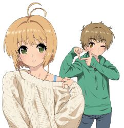 1boy 1girl antenna_hair blonde_hair blush brown_eyes brown_hair cardcaptor_sakura expressionless finger_frame green_eyes highres hood hoodie kinomoto_sakura li_syaoran looking_at_viewer one_eye_closed parted_lips ribbed_sweater short_hair simple_background sweater wakaho_riku white_background