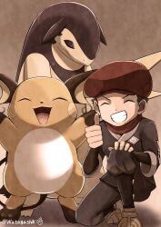 1boy ^_^ absurdres brown_background brown_sandals closed_eyes closed_mouth commentary_request facing_viewer galaxy_expedition_team_survey_corps_uniform gen_1_pokemon grin happy hat highres hisuian_typhlosion jacket male_focus nintendo on_one_knee open_mouth pants partial_commentary pokemon pokemon_(creature) pokemon_legends:_arceus raichu red_hat red_scarf rei_(pokemon) sandals scarf sepia short_hair signature simple_background smile teeth thumbs_up twitter_username undershirt watagashikn