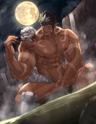 1boy abs bara beard bellsaltr biceps brown_hair completely_nude convenient_leg facial_hair full_moon highres large_pectorals long_sideburns male_focus mature_male moon multicolored_hair muscular muscular_male navel nipples nude partially_submerged pectorals short_hair sideburns sitting snake solo spiked_hair steam stomach tangaroa_(housamo) tattoo tokyo_houkago_summoners tribal tribal_tattoo two-tone_hair wet white_hair white_snake yellow_eyes
