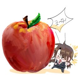 ! !! 1boy apple arthropod_limbs belt black_vest brown_hair chibi collared_shirt flustered food fruit full_body gre_gre3 gregor_(project_moon) hair_over_one_eye highres id_card korean_text lcb_uniform_(project_moon) limbus_company low_ponytail mini_person miniboy necktie open_mouth outstretched_arms ponytail project_moon red_necktie shirt size_difference solo sparkle standing standing_on_one_leg surprised vest white_background white_shirt