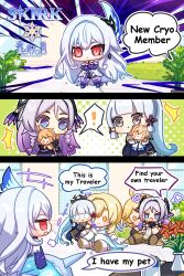 Rule 34 | !, 3girls, ^^^, aether (genshin impact), ahoge, ayaka (genshin impact), blonde hair, blue eyes, braid, character doll, chibi, citlali (genshin impact), closed mouth, commentary, doll, dress, english commentary, english text, floating headgear, genshin impact, hair intakes, headgear, highres, holding, holding doll, long hair, lumine (genshin impact), multicolored hair, multiple girls, open mouth, pink hair, pink pupils, prosthesis, prosthetic arm, prosthetic leg, pun-rii, purple hair, red eyes, skirk (genshin impact), standing, twin braids, very long hair, white hair, yellow eyes