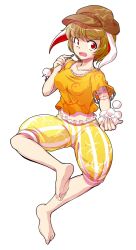 1girl alphes_(style) animal_ears barefoot blonde_hair breasts commentary_request dairi dango flat_cap floppy_ears food full_body hat holding large_variant_set medium_breasts midriff navel orange_shirt pants parody rabbit_ears ringo_(touhou) shirt skewer soles solo style_parody tachi-e toes touhou transparent_background variant_set wagashi