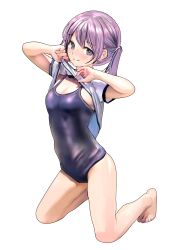 1girl absurdres barefoot blue_eyes blue_one-piece_swimsuit breasts closed_mouth commentary_request emutsuichi highres kneeling looking_at_viewer one-piece_swimsuit original purple_hair school_swimsuit shirt short_sleeves simple_background small_breasts solo swimsuit swimsuit_under_clothes twintails white_background white_shirt