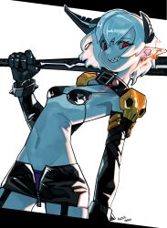 1girl absurdres asymmetrical_horns baseball_bat bikini bikini_top_only bracelet breasts collar colored_skin demon_girl demon_horns earrings elbow_gloves gloves grin highres holding holding_baseball_bat horns jewelry koutetu_yarou looking_at_viewer metal_baseball_bat miniskirt navel original over_shoulder partially_unzipped pointy_ears punk red_eyes sharp_teeth short_hair signature skirt skull_earrings small_breasts smile solo spiked_bracelet spiked_collar spikes standing swimsuit teeth two-tone_background weapon weapon_over_shoulder white_hair white_skin