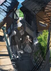 Rule 34 | 1girl, 2boys, absurdres, alley, bag, black jacket, black pants, blonde hair, blue sky, braid, building, day, dress, from above, grey pants, hair over shoulder, hands up, hat, hat on back, highres, holding, holding bag, house, jacket, koze niire, kuzuha (1st costume) (nijisanji), lamppost, long hair, looking at another, low twin braids, makaino ririmu, makaino ririmu (3rd costume), multiple boys, nijisanji, ocean, outdoors, own hands together, pants, plastic bag, power lines, rock paper scissors, scenery, shade, shirt, short hair, short sleeves, sky, sleeveless, sleeveless dress, straw hat, sundress, town, twin braids, uzuki kou, virtual youtuber, white dress, white hair, white shirt, wide shot, wristband