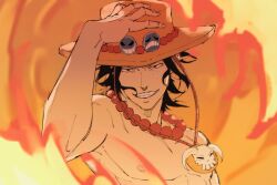 1boy black_hair clenched_teeth close-up commentary epcl4zj4u fire freckles hand_on_own_hat hat jewelry looking_at_viewer male_focus necklace one_piece orange_hat pearl_necklace portgas_d._ace short_hair solo teeth topless_male