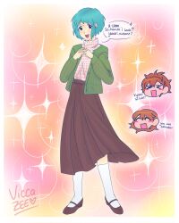 3girls blush brown_eyes brown_hair brown_shoes brown_skirt crossed_fingers english_text full_body green_shirt highres multiple_girls open_mouth persona persona_3 persona_3_portable pico_ritos shiomi_kotone shirt shoes skirt socks sparkle takeba_yukari turtleneck white_socks yamagishi_fuuka