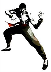1boy abs absurdres baggy_pants beckoning black_hair black_pants black_shoes bracelet dragon_print fighting_stance fujisawa_tomio game_cg highres jewelry male_focus marshall_law muscular muscular_male official_art pants red_sash sash shoes short_hair simple_background solo spiked_bracelet spikes tekken tekken_tag_tournament_2 topless_male white_background