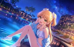 Rule 34 | 1girl, :d, barefoot, bikini, blonde hair, blush, bow, bracelet, breasts, dutch angle, eyelashes, fangs, feet, frilled bikini, frills, green eyes, hair bow, hair ornament, hair scrunchie, idolmaster, idolmaster cinderella girls, idolmaster cinderella girls starlight stage, jacket, jewelry, jougasaki rika, knees together feet apart, knees up, legs, long hair, looking at viewer, navel, night, night sky, official art, open clothes, open jacket, open mouth, palm tree, poolside, reflection, reflective water, scrunchie, sidelocks, sitting, sky, small breasts, smile, soaking feet, solo, swimsuit, tile floor, tiles, toes, tree, two side up, wet, white bikini, white bow