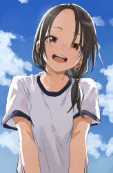 1girl :d absurdres black_hair blue_sky brown_eyes cloud commentary_request day gym_shirt hair_over_shoulder highres long_hair looking_at_viewer low_ponytail manemane_nichinichi nagisa_akane open_mouth outdoors parted_bangs ponytail shirt short_sleeves sky smile solo upper_body white_shirt yamamoto_souichirou