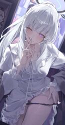 Rule 34 | 1girl, black panties, black shawl, blue archive, blush, breasts, clothes lift, commentary, dress, dress lift, finger to mouth, frilled pajamas, frills, halo, highres, index finger raised, large breasts, lifting own clothes, long hair, long sleeves, looking at viewer, mechanical halo, netural, nightgown, noa (blue archive), noa (pajamas) (blue archive), official alternate costume, one eye closed, pajamas, pajamas lift, panties, panty pull, puffy long sleeves, puffy sleeves, pulling own clothes, purple hair, shawl, shushing, smile, symbol-only commentary, tongue, tongue out, underwear, very long hair, white hair, white halo, white nightgown, white pajamas