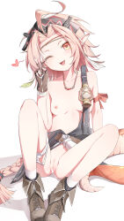1girl absurdres aftersex ahoge arknights boots braid breasts brown_gloves cum cum_in_pussy cum_on_body cum_on_hands curtained_hair earrings feather_earrings feathers fingerless_gloves gloves heart highres huge_ahoge jewelry lantern long_hair looking_at_viewer necklace nipples one_eye_closed open_mouth orange_eyes orange_tail panties panties_around_leg pink_hair pointy_ears pussy rose_salt_(arknights) seele_xixixi simple_background small_breasts snake_girl snake_tail socks solo tail underwear v white_background white_panties white_socks