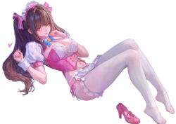 Rule 34 | 1girl, absurdres, apron, breasts, brown hair, closed mouth, corset, frilled thighhighs, frills, full body, girls&#039; frontline, girls&#039; frontline 2: exilium, highres, hjwhuhu, k2 (girls&#039; frontline), long hair, looking at viewer, lying, official alternate costume, on back, pink corset, short apron, simple background, smile, solo, thighhighs, white apron, white background, white thighhighs, white wrist cuffs, wrist cuffs, yoohee (girls&#039; frontline 2), yoohee (miracle sweetheart) (girls&#039; frontline 2)