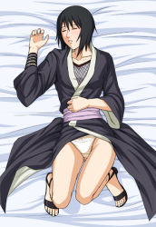 Rule 34 | 1girl, bed, bed sheet, black hair, bow, bow panties, closed eyes, feet, female focus, fishnets, from above, full body, japanese clothes, kimono, lying, naruto (classic), naruto (series), obi, on back, panties, sash, shizune (naruto), short hair, sleeping, solo, tk (tk&#039;s level4), toes, underwear, white panties